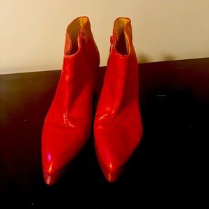 John Fluevog The Jitters in red leather. 3.5 inch wedge heel. Size 8